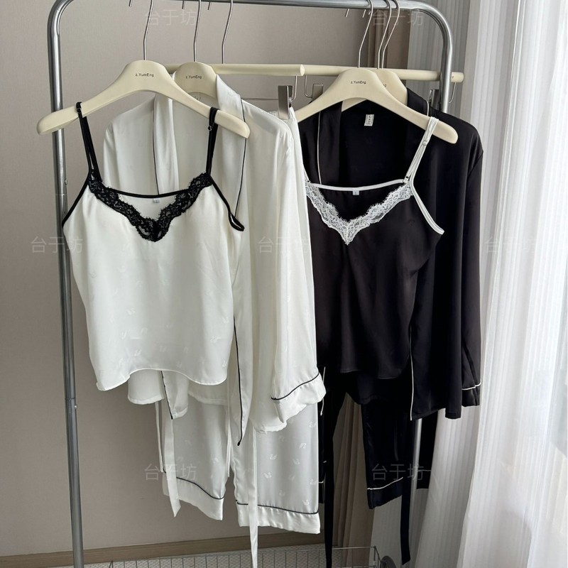 春秋有胸垫冰丝睡衣三件套女长袖长裤家居服套装可外穿透气抗菌|undefined