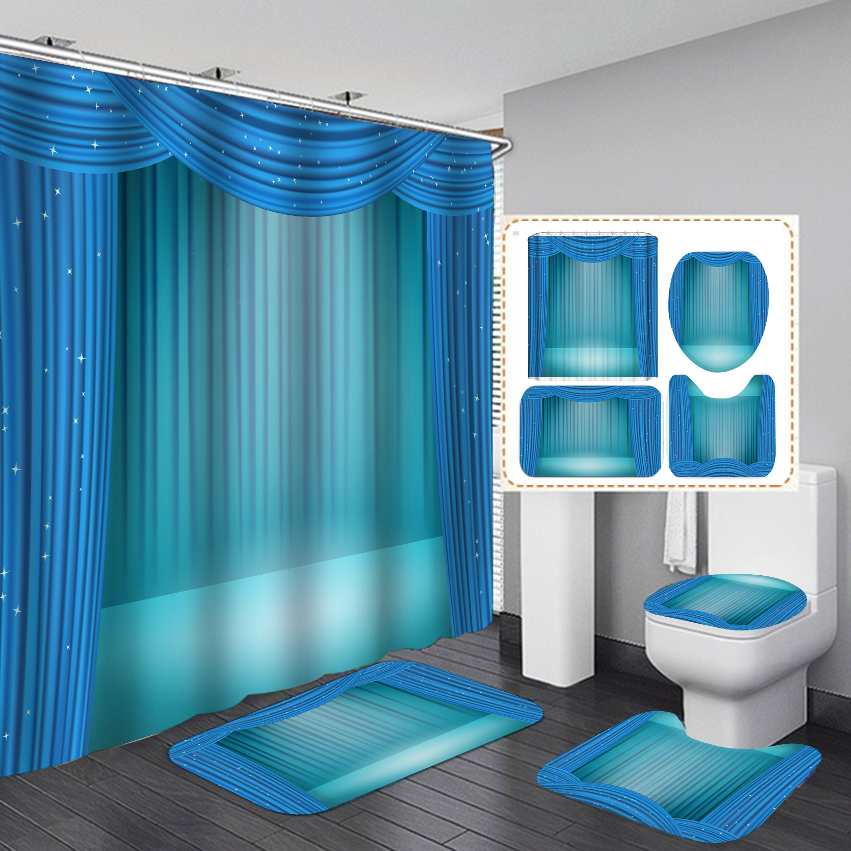Venta directa de fábrica cortina de ducha de baño de cuatro piezas de separación seca y húmeda cortina de ducha impermeable y resistente al moho gancho de plástico tipo C de regalo