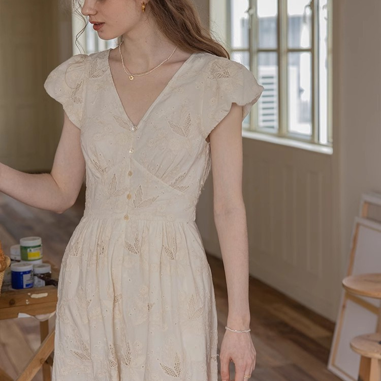 Cotton Twin Strap Heavy Embroidery/French V-neck dress Short-sleeved A- line Skirt