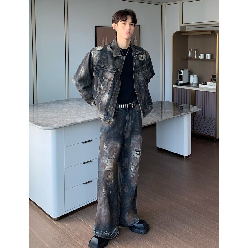 2024 Autumn Painted Old Denim Jacket Ripped Denim Trousers Men's Loose suit Fashion Brand American Men's Wear 2024 Autumn Painted Old Denim Jacket Ripped Denim Trousers Men's Loose suit Fashion Brand American Men's Wear