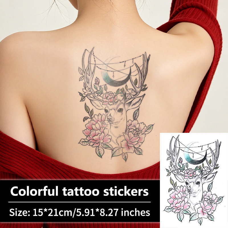 Forest-style moon and elk tattoo stickers, floral peony artistic sketch stickers, waterproof temporary tattoos for the back and upper arm Forest-style moon and elk tattoo stickers, floral peony artistic sketch stickers, waterproof temporary tattoos for the back and upper arm
