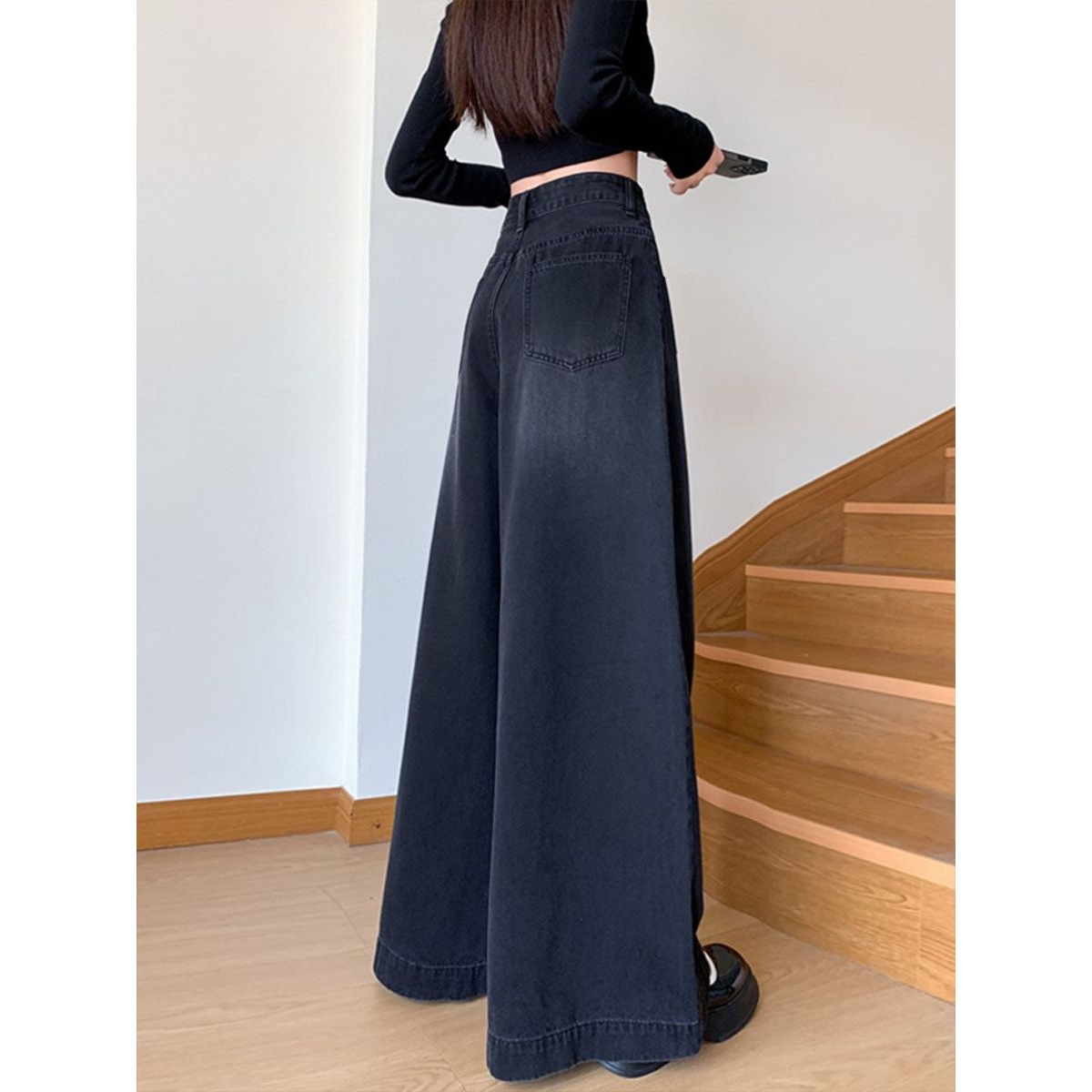 大码复古黑灰色阔腿牛仔裤女秋冬高腰宽松显瘦胖mm遮胯垂感拖地裤