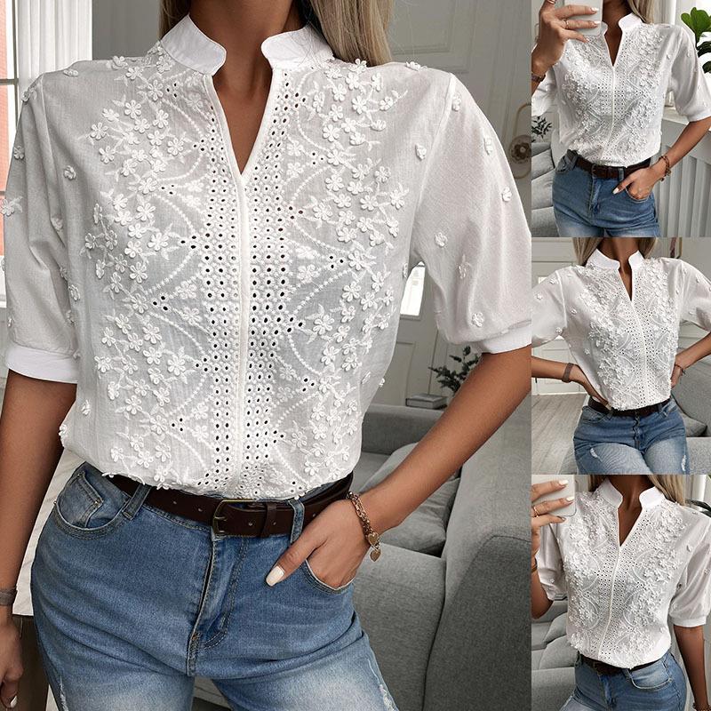 Cross-Border 2026 Summer European and American Foreign Trade Amazon Women's New V-Neck Stand-Up Collar Embroidered Lace Top Shirt Cross-Border 2026 Summer European and American Foreign Trade Amazon Women's New V-Neck Stand-Up Collar Embroidered Lace Top Shirt