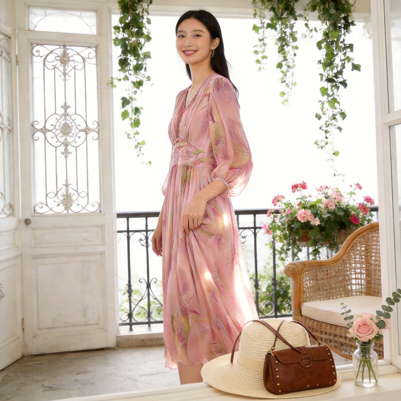 2025 Summer New Style French Fashion Elegant Waist-Cinching Slimming V-Neck Beaded Long-Sleeve Silk Mid-Length Dress 2025 Summer New Style French Fashion Elegant Waist-Cinching Slimming V-Neck Beaded Long-Sleeve Silk Mid-Length Dress