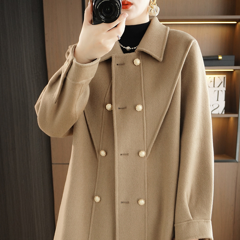 Autumn and Winter new women's pure wool double-sided velvet suit collar mid-length double-breasted cashmere coat woolen coat for women
