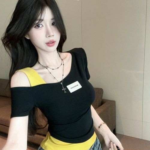 Women's Summer Pure Desire Bold Contrast Color Striped Shoulder Short Sleeve T-Shirt One-Shoulder Mini Top