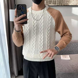 情侣撞色绞花毛衣男女秋冬日系青少年白搭复古毛衫套头针织外套潮