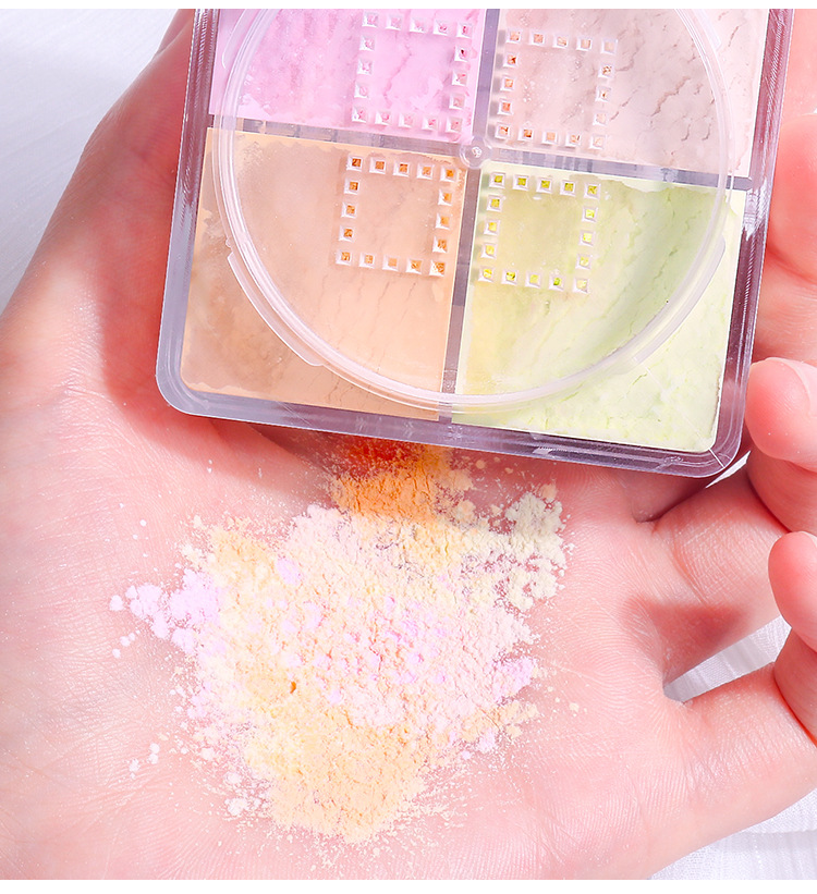 Four-grid loose powder is waterproof, sweat-proof, long-lasting oil-control and does not smudge. The matte powder compact provides concealer and brightens. Four-color setting powder undefined