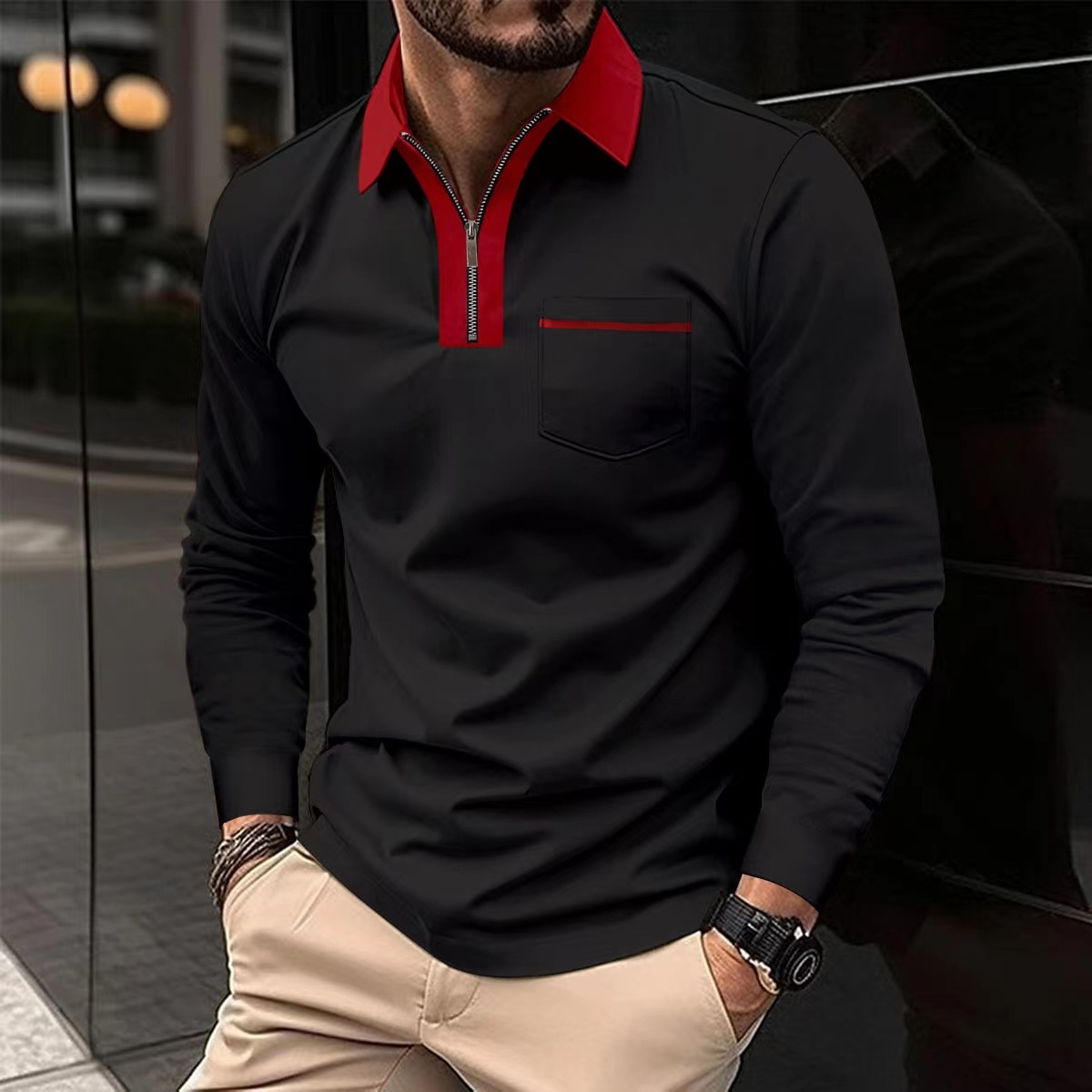 Men's Casual Solid New Long Sleeved Polo Shirt Autumn And Winter Lapel Zippered T-Shirt Top Golf Men's High-Quality Street Wear_voghion.com