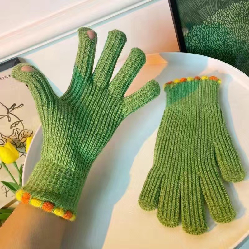 ins knitted knitting wool gloves fleece-lined thickened women‘s warm cycling leakage finger touch screen plush cold-proof adult sweet