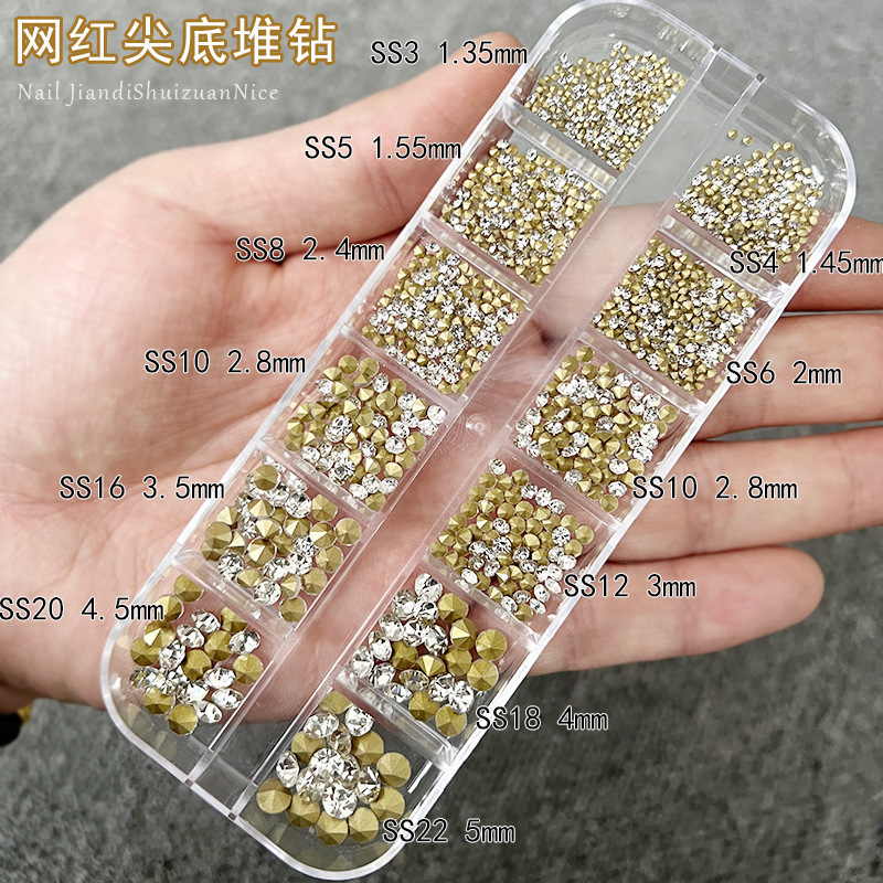 Pointed bottom diamond nail art pile Diamond 12 grid boxed Super Flash glass Diamond AB magic color bright white rhinestone nail diy jewelry