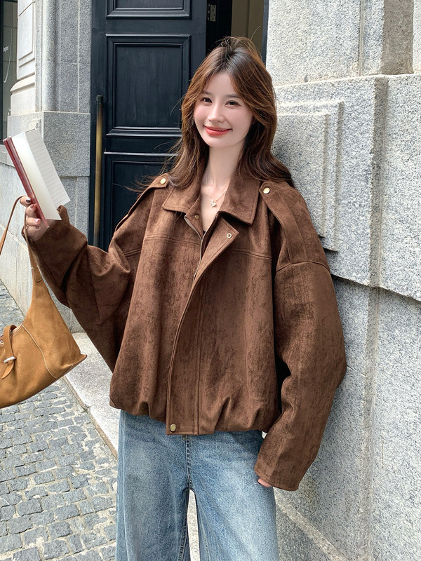 复古时尚棕色麂皮外套女2025春秋新款美拉德高级感翻领夹克短上衣|undefined