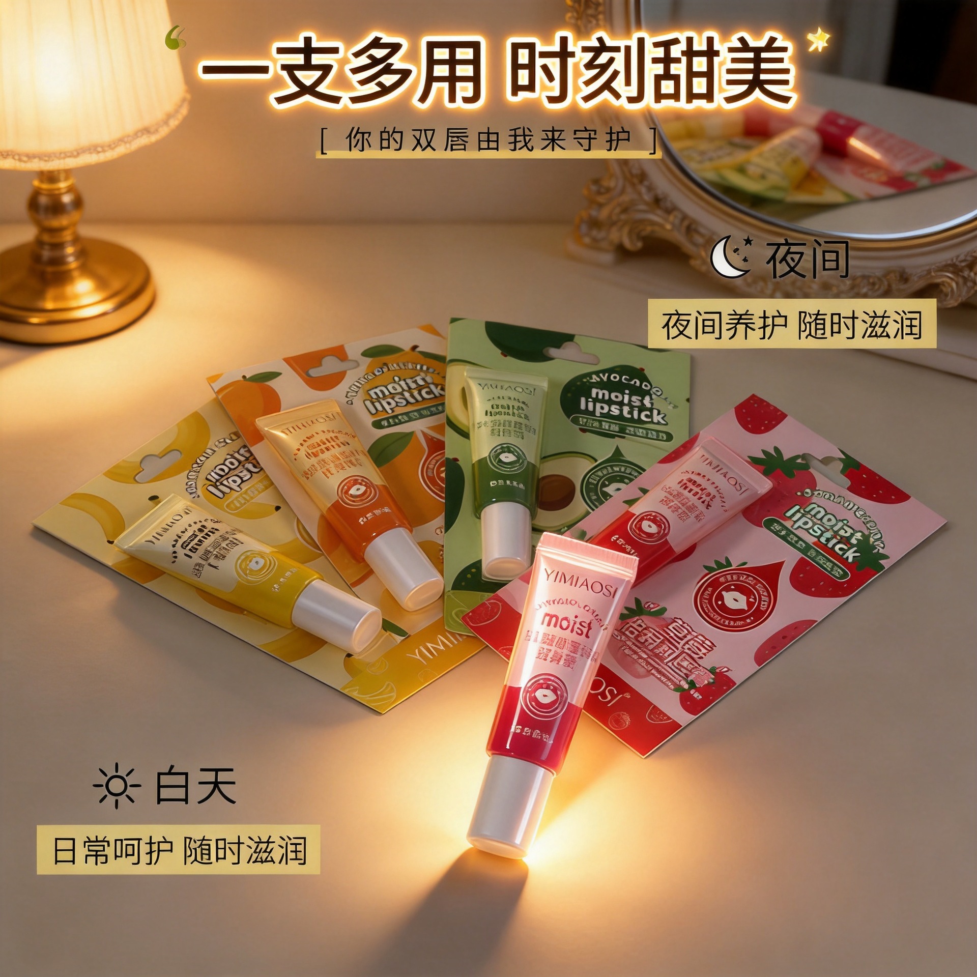 秋冬YIMIAOSI草莓倍润润唇膏滋润保湿防补水唇膜水蜜桃味唇膏5味