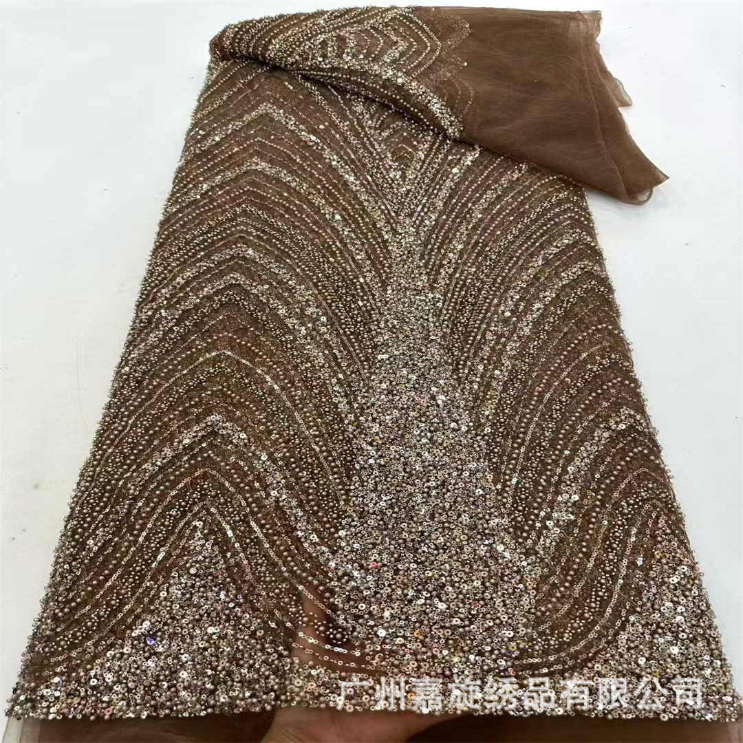 Doble V rayas de malla sequinilla tubo de cuentas bordado vestido de boda tela bordada cuentas suministro de stock de encaje