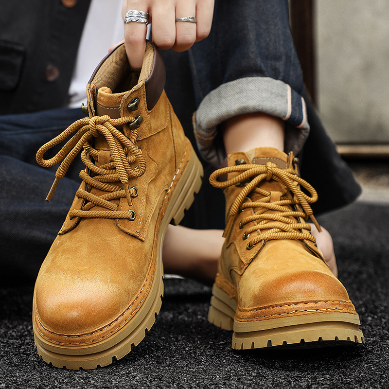 马丁靴男2025秋冬新款中高帮大黄靴户外加绒保暖真皮英伦风工装靴