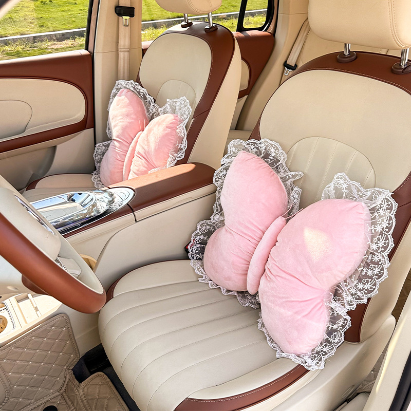 2026 New Car Accessories Plush Butterfly Headrest and Lumbar Support Pink Headrest and Lumbar Support