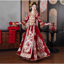 2025新款丝绒冬季重工V领秀禾服新娘结婚中式嫁衣龙凤褂婚服显瘦