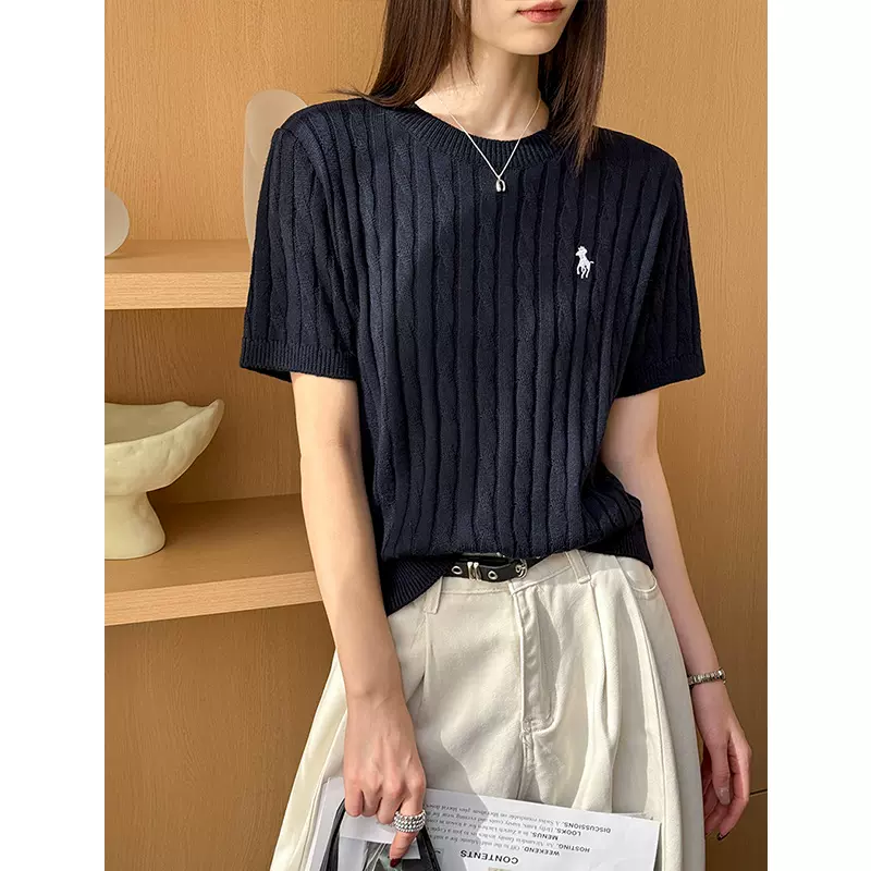 橘芷春季新款短袖针织衫女小个子新款老钱风麻花圆领上衣2910