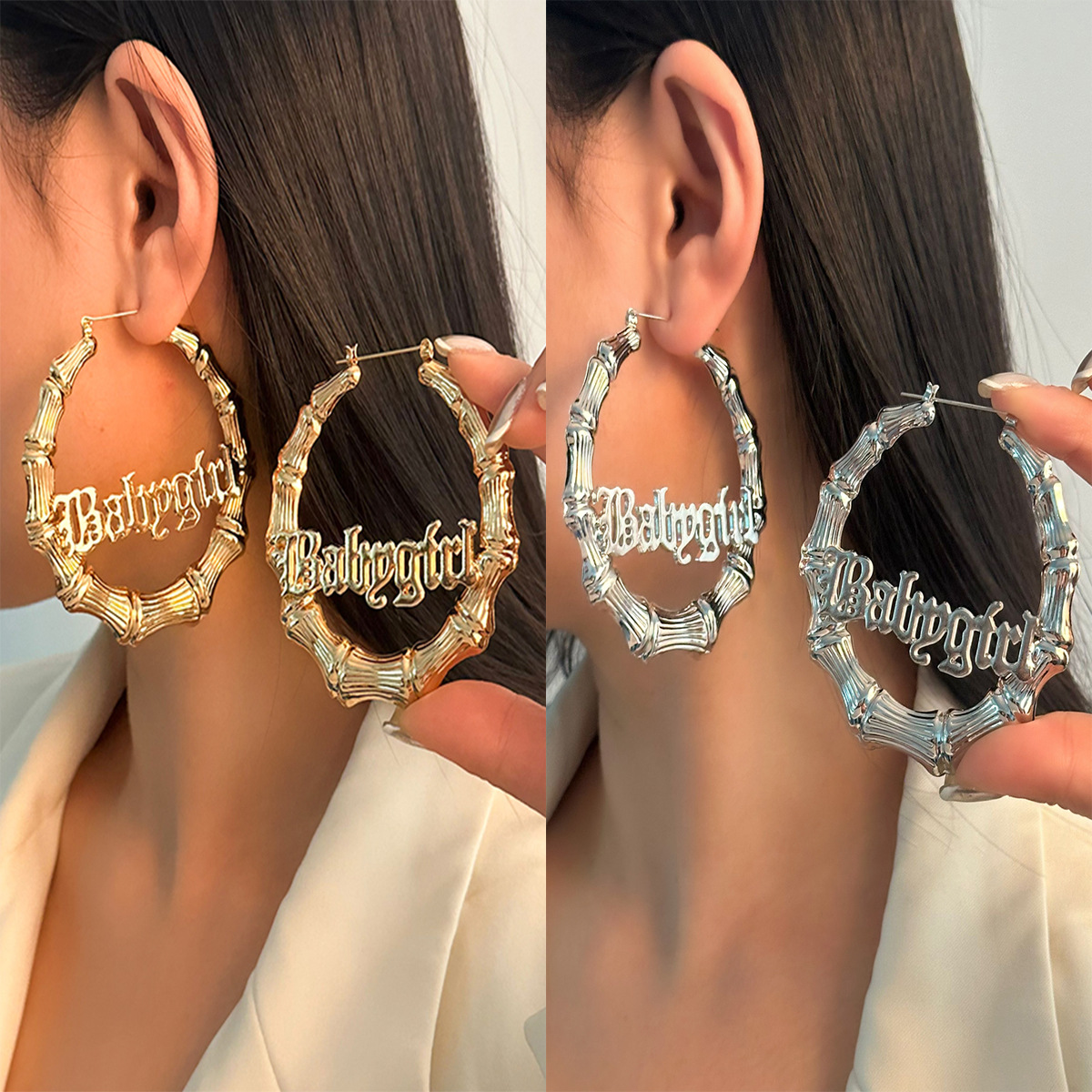 Joyas transfronterizas europeas y americanas accesorios de bambú redonda de hip hop punk accesorios para oídos creativos de fideos de sésamo, corazón de melocotón, baby letras para oídos femeninos