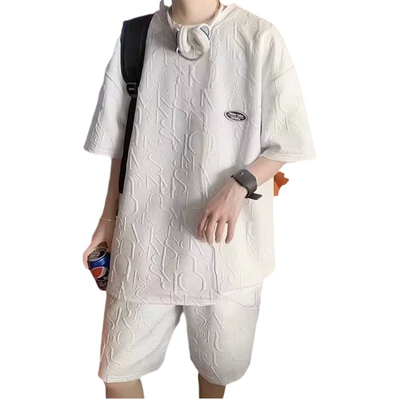 Летний костюм, мужской модный, универсальная Свободная Повседневная футболка с короткими рукавами, вафельный топ с шортами, пятиточечный костюм из двух частей