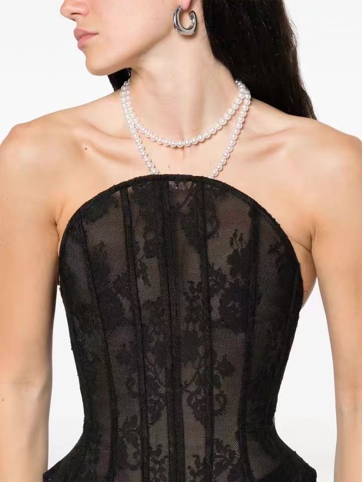 Negro gótico misterioso Jennie encaje duro hueso de pescado arco delgado blusa de pecho