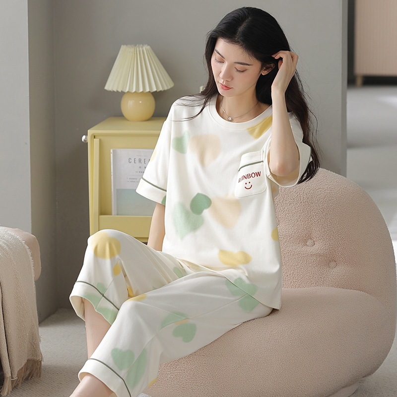 100% Cotton Pajamas for Women Spring and Summer Short-Sleeved Cropped Pants Thin Home Clothes Sweet and Cute Women's Cotton Suit
