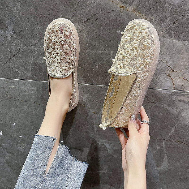 2024 Spring/Summer New Korean Edition Lace Mesh Flat Bottom Set Feet Single Shoes for Women with Breathable One Step, Lazy Embroidered Women's Shoes_voghion.com