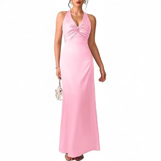Amazon Foreign Trade Satin Formal Dress with V-Neck and Backless Design, Long Women's Ball Gown, Sexy and Elegant Wedding Guest Dress