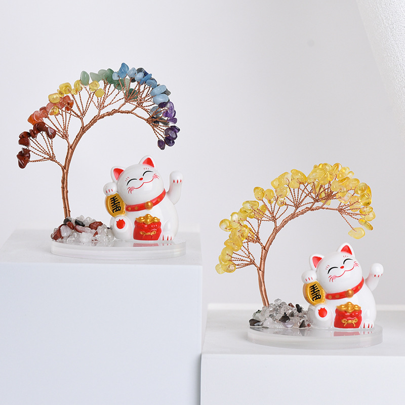 Wholesale Natural Yellow Crystal Bent Cypress Tree White Cat God of Wealth Crystal Money Tree Fortune Tree Office Decorations
