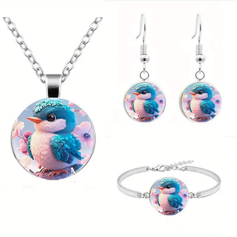 4 Piece Earrings Necklace Plus Ring Cute Jewelry Set Heart Shape with Cute Bird Pattern in It Matches