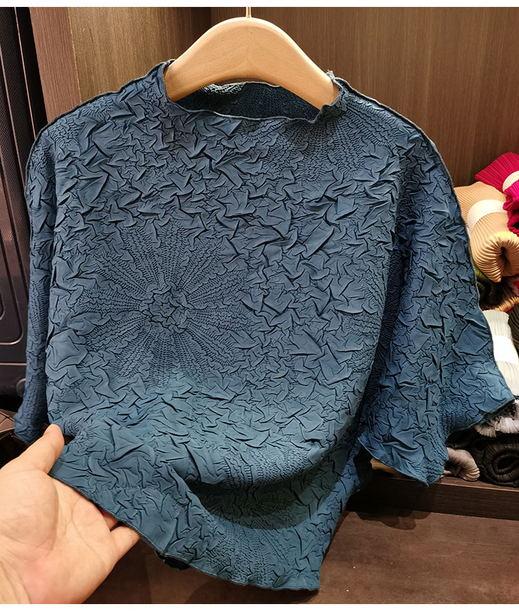Áo thun dập nổi nữ tay dơi dáng rộng ngắn mùa hè — Màu đen, Màu cam, Màu xanh lam, Màu xanh navy chi tiết 17