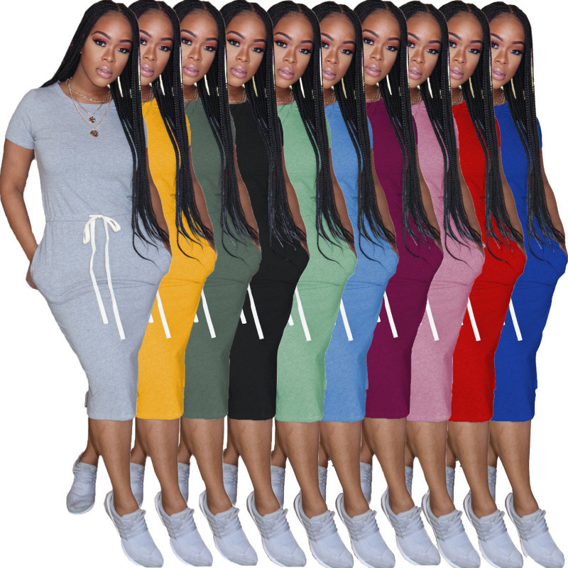 Al092 Amazon Independent Station Dress Basic Elastic Waist Short-Sleeved Pure Color T-Shirt Skirt Mid-Length Skirt Ins