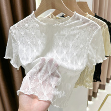 吊带裙内搭T恤纱衣女夏别致温柔风网纱打底衫木耳边蕾丝短袖上衣