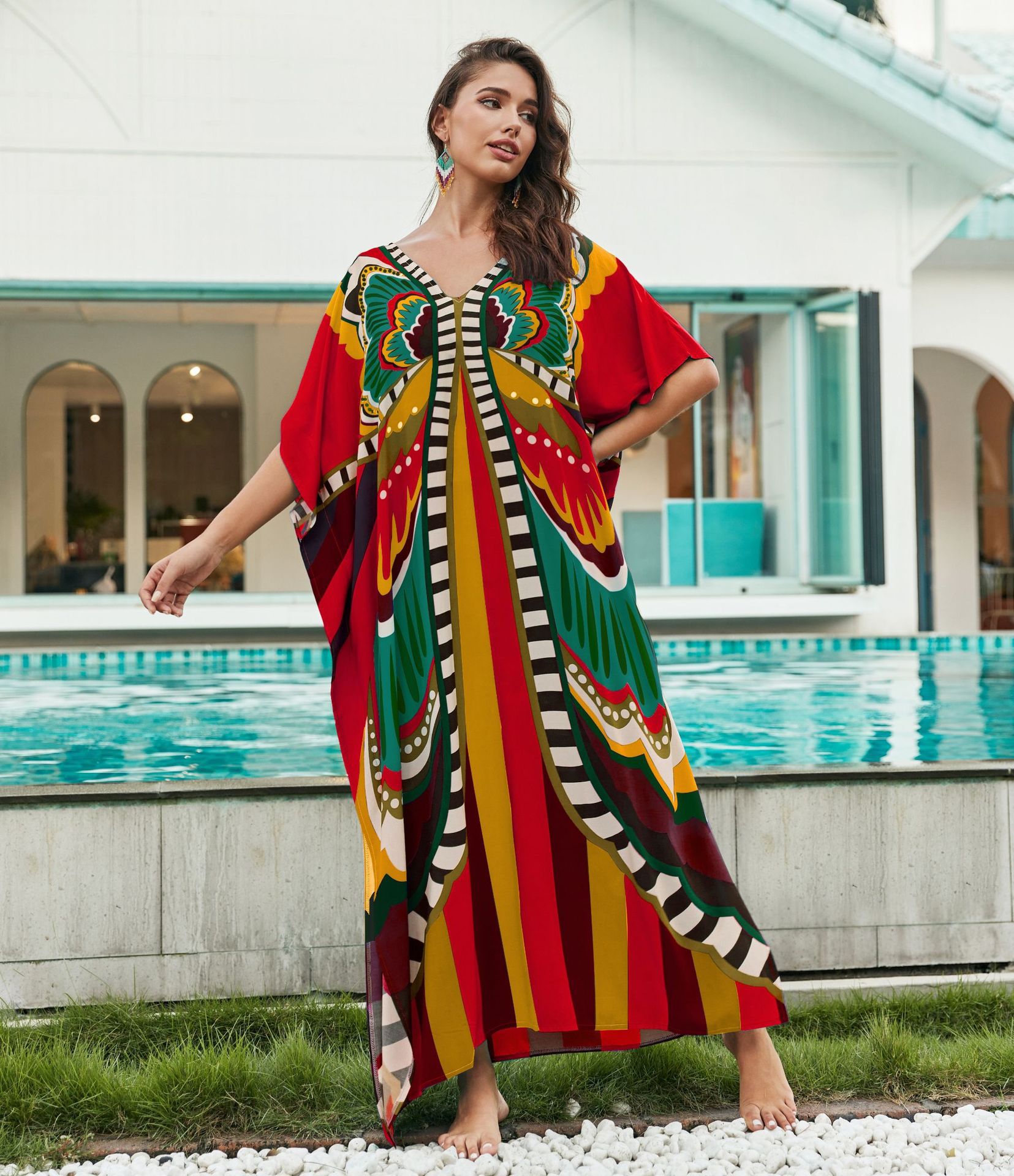 Rochie de plajă lungă kimono dama boho viscoză tie-dye_voghion.com