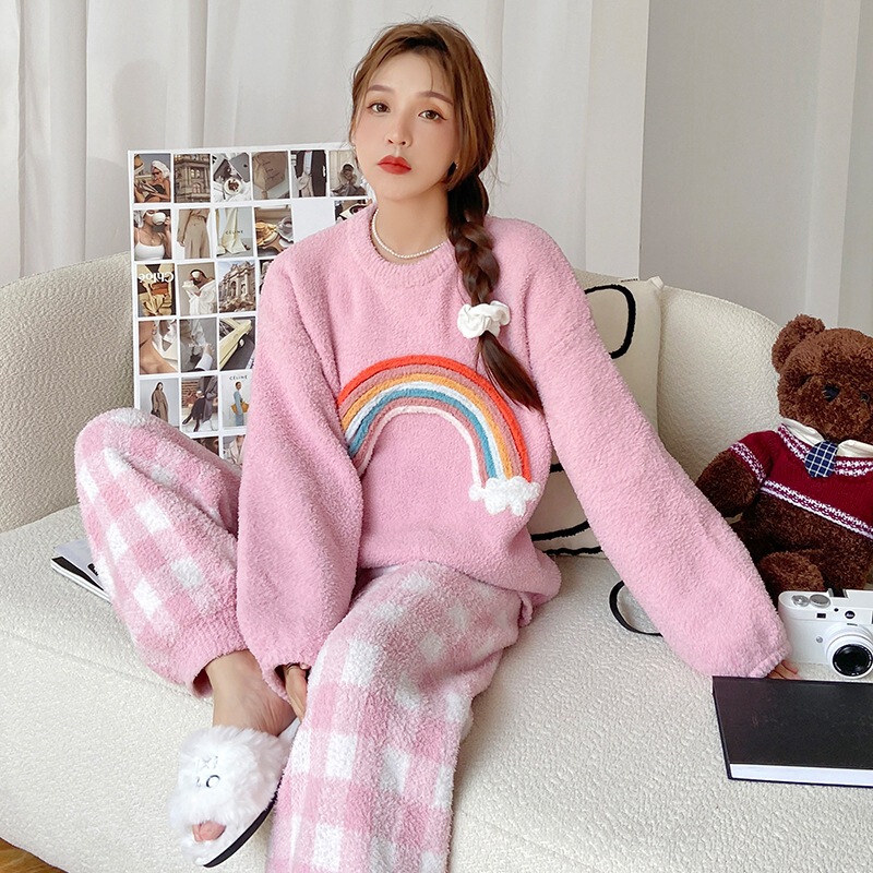 Wearing Soft Pajamas Women's Autumn and Winter Fleece-lined Thickened Rainbow Two-piece Home Clothes Sweet Loose Japanese Style