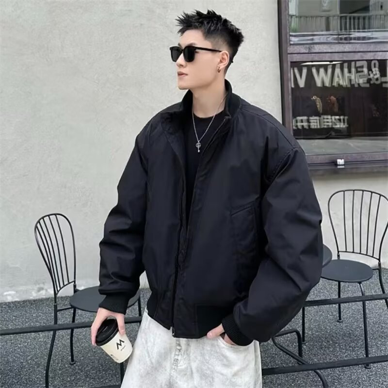 Spring and Autumn Short Bomber Jacket for Men, New American Retro Style, Stand Collar, Loose Fit, Cleanfit Trendy Jacket Spring and Autumn Short Bomber Jacket for Men, New American Retro Style, Stand Collar, Loose Fit, Cleanfit Trendy Jacket