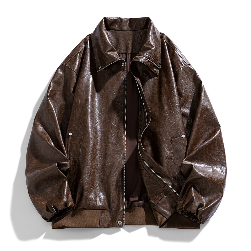 Spring and autumn men's trench coat, leather jacket with a turn-down collar, oil wax leather jacket, men's light luxury biker jacket, loose fit, group purchase student coat