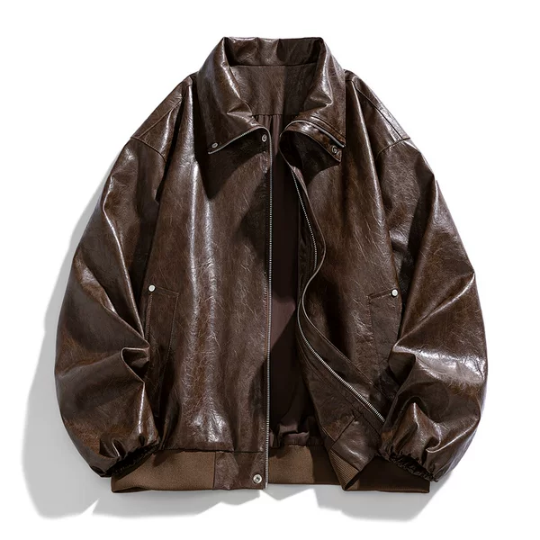 Spring and autumn men's trench coat, leather jacket with a turn-down collar, oil wax leather jacket, men's light luxury biker jacket, loose fit, group purchase student coat
