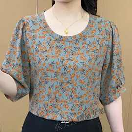 复古印花短袖T恤女夏季薄款拼接宽松套头显瘦减龄上衣