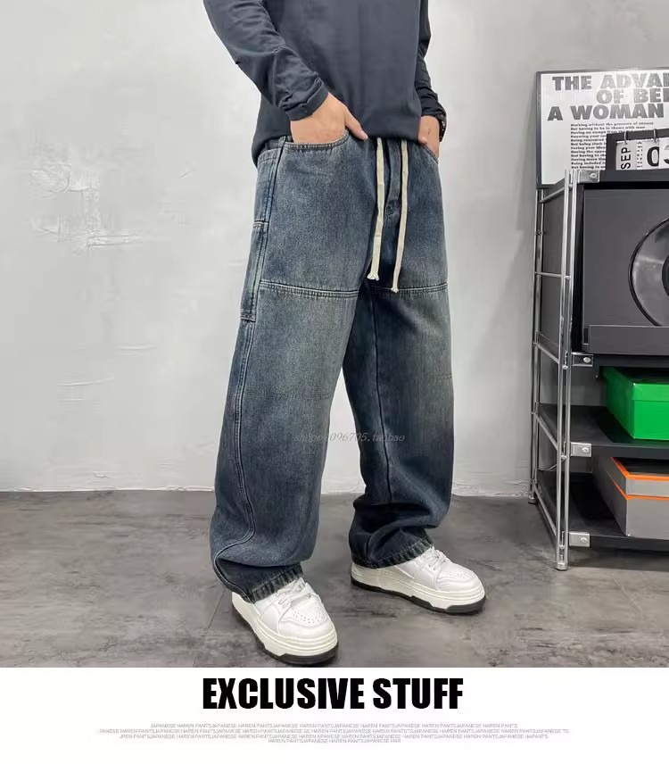 Men's High-Waisted Color-Block Jeans Blue & Black Loose Wide-Leg Straight Pants Hip Hop Style European American Trendy Brand_mkmklike.com
