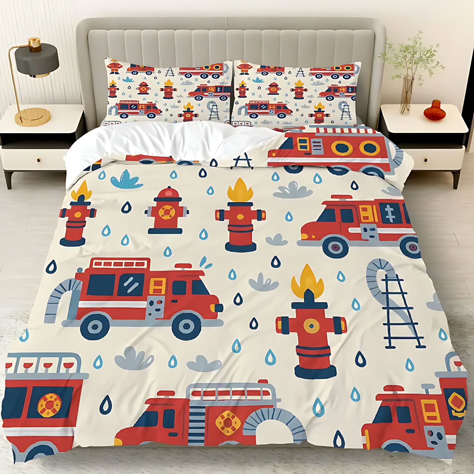 TEMU / JIT nuevo producto transfronterizo dibujos animados camión de bomberos de alta definición digital impresión kit de colcha se puede diseñar