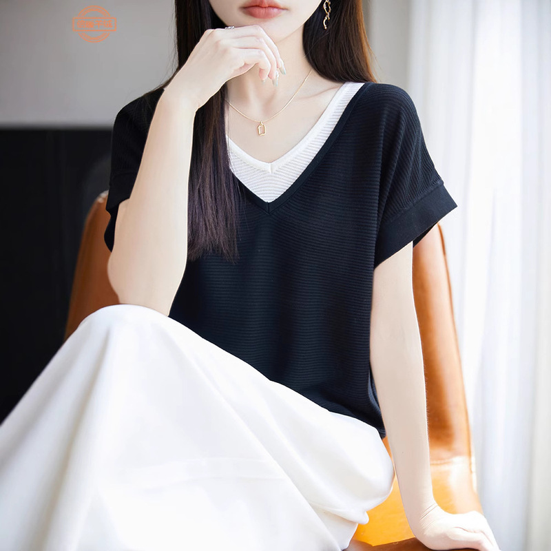 Summer New Style Lyocell Tencel Stripesd Short-Sleeved T-Shirt Women's V Neck Loose Fake Two-Piece Knitted Flying Sleeve Vest Top