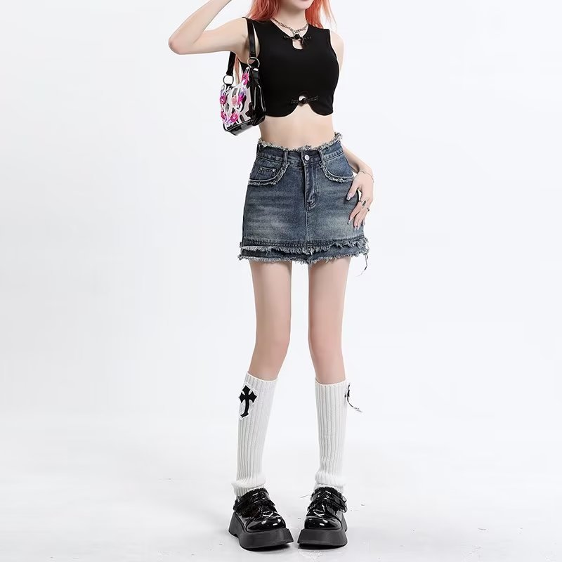 Retro blue summer denim skirt