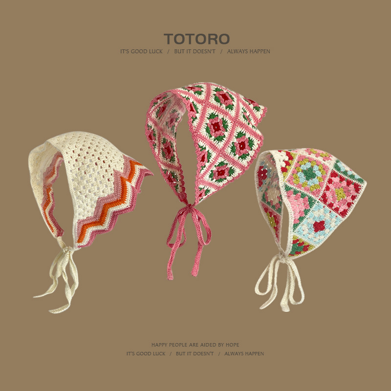 法式复古头巾女三角巾发带春夏出游甜美可爱手工钩花文艺风包头帽