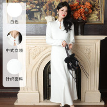 新中式冬季连衣裙高级感白色长袖针织裙修身显瘦内搭长裙改良旗袍