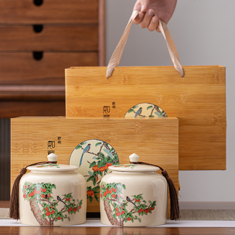 高档通用竹纹陶瓷茶叶罐空盒萬事如意红茶绿茶白茶普洱古树茶批发
