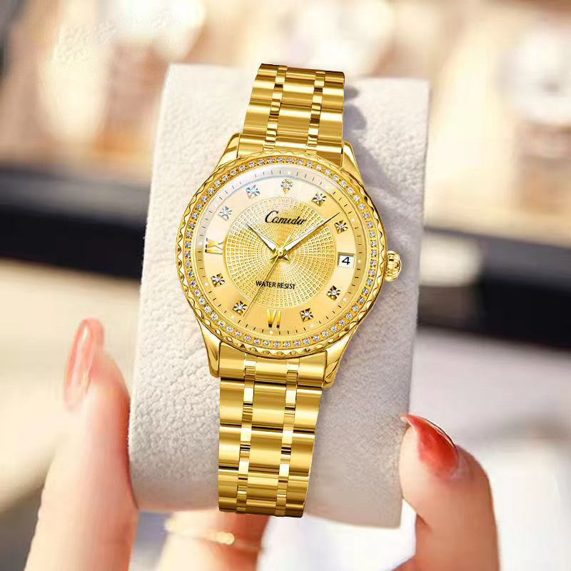 Diamond Ladies Watch Women's Luminous Double Calendar Waterproof Goddess Quartz Watch Solid Steel Strap Couple Watch Pair