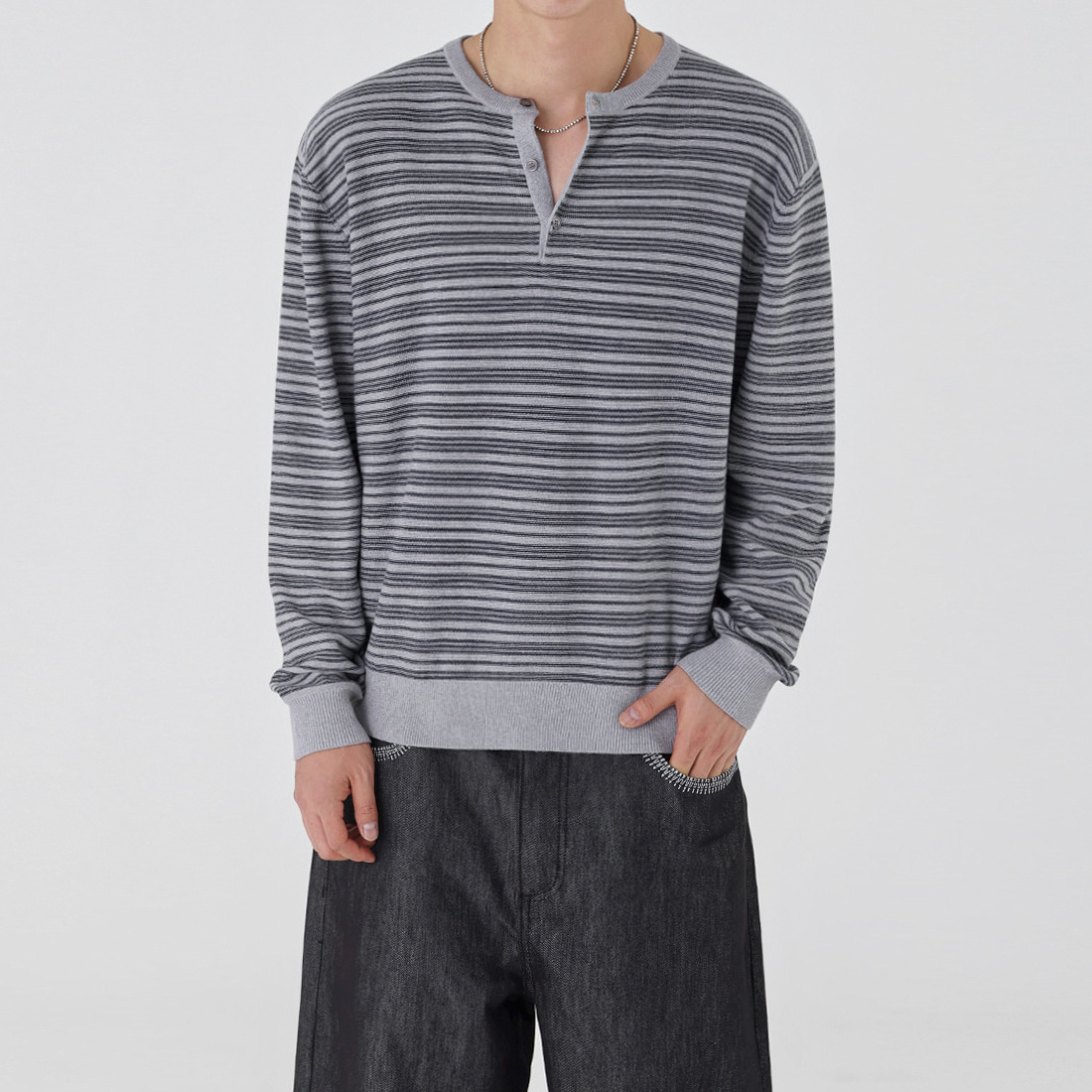 MYQ亨利领条纹薄款针织衫2026春季新款宽松上衣韩系老钱风穿搭