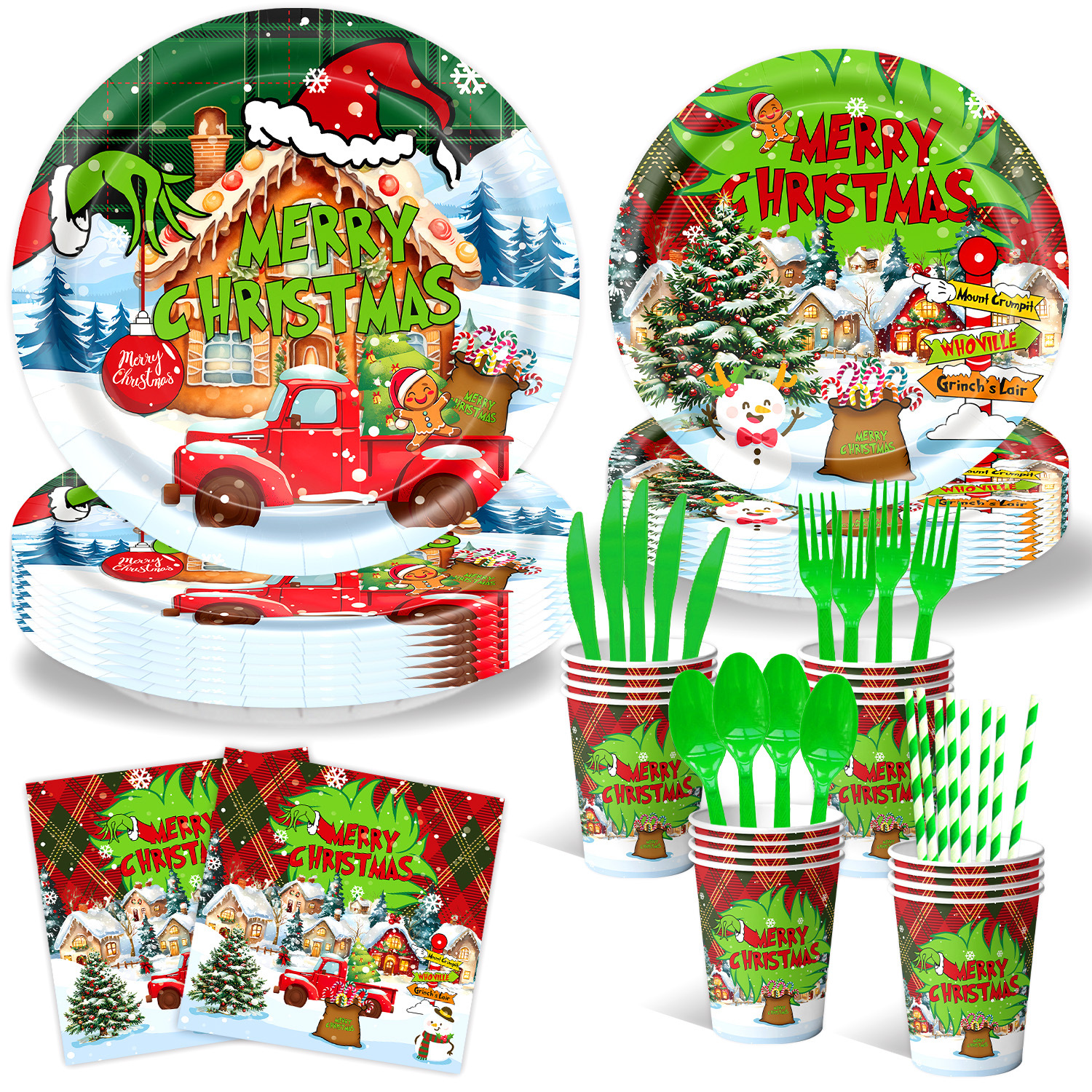 Nuevo tema transfronterizo de Navidad Grinch cubiertos de fiesta de cumpleaños bandeja de papel desechable toallas de mesa decoración banner