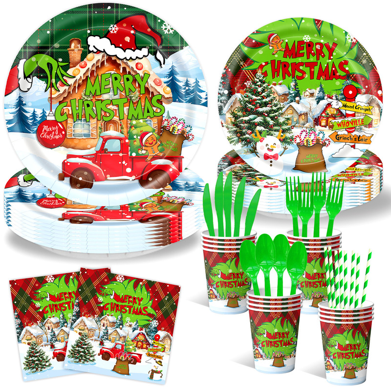 Cross-Border New Christmas Grinch Theme Birthday Party Tableware Disposable Paper Plates Paper Towels Tablecloths Banner Decoration